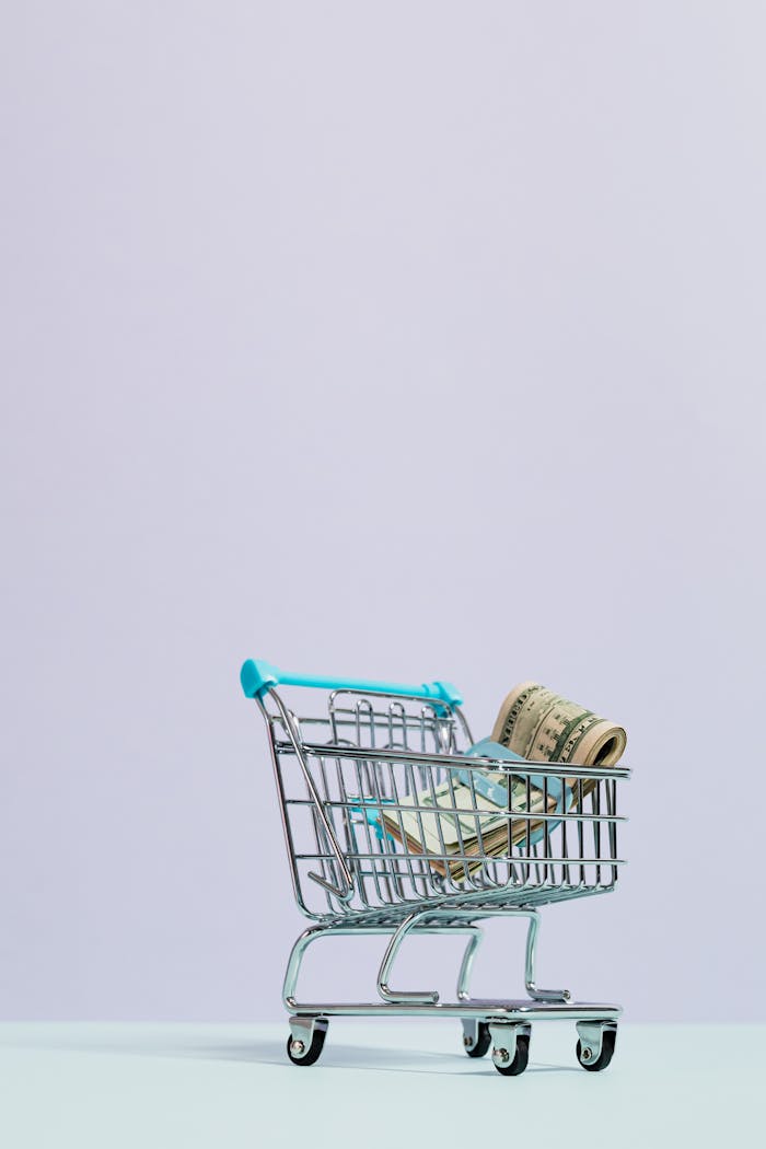 Small shopping cart containing rolled banknotes against a light background, symbolizing finance and commerce.